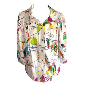 Vintage Berek White with Colorful Bird Design Zip and Button Up Jacket Size M